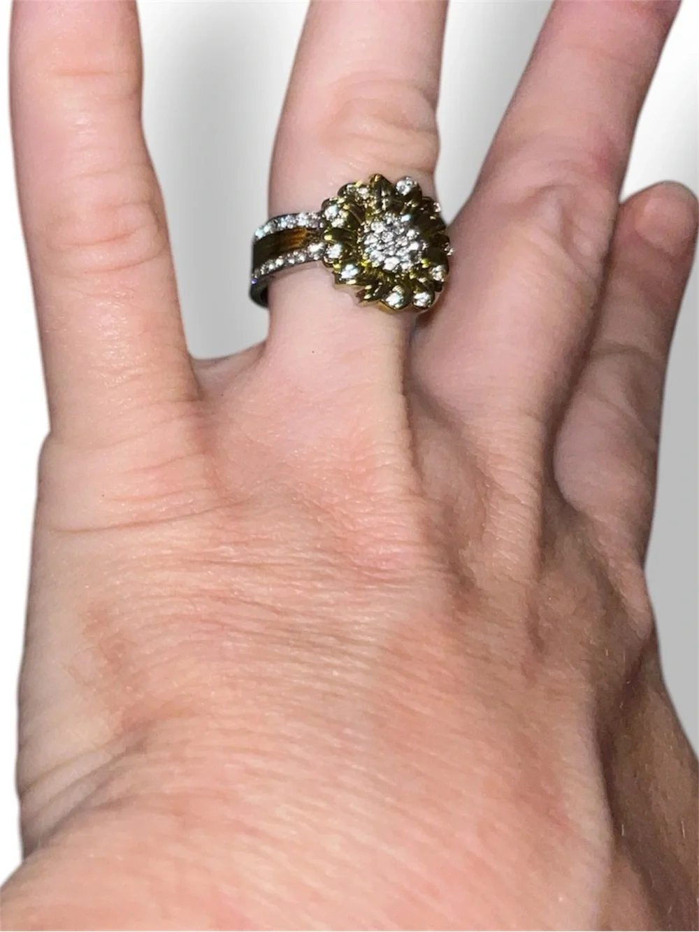 Sunflower Two-Tone Gold & Silver Ring with Pavé Crystals sz 7
